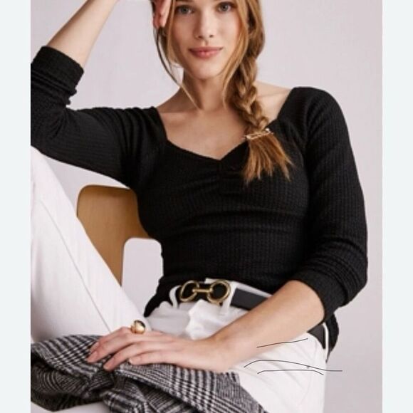 Maeve Women's Sweetheart Neck Long Sleeve Blouse Black Size S - Picture 1 of 9